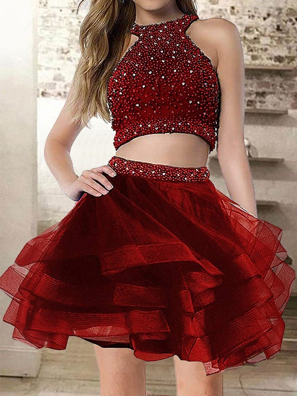 Wholesale A-Line Halter Cut Short With Beading Organza Blue Homecoming Dresses